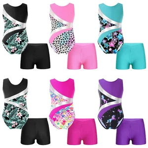 Girls Sleeveless Ballet Dance Gymnastic Leotard and Shorts 2-Piece Set AU - Picture 1 of 52
