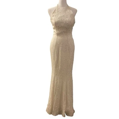 VTG Elegant Beaded Halter Bodycon Maxi Dress Cream Wedding/Formal Size 4 - Image 1 of 4