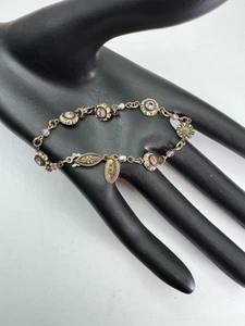 SWEET VINTAGE LIZ PALACIOS BRACELET PURPLE & YELLOW RHINESTONES BEADS FLORAL 7" - Picture 1 of 8