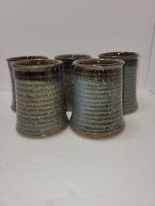 Handmade Pottery No Handle Mugs Cups 4 1/2 " Tall Signed; Set of 4