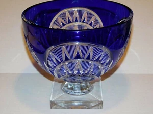 AJKA Design Guild Hungary Clear & Cobalt Blue Cut Glass Centerpiece Bowl RARE - Picture 1 of 5
