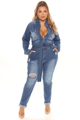 Macacão jeans feminino plus size 1X manga longa desgastado com ótimo elástico  - Imagem 1 de 4
