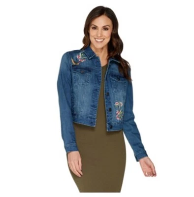 G.I.L.I. Denim Jacket with Placed Embroidery Medium Wash Plus 28 A302112 - Image 1 of 3