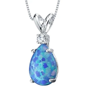 "Colgante de diamante de ópalo azul creado en forma de pera de 1 quilates de oro blanco de 14 quilates, 18" - Imagen 1 de 4