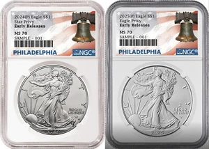 2 coin set 2024 and 2025 p silver eagle with privy ngc ms70 er philly presale - Picture 1 of 4