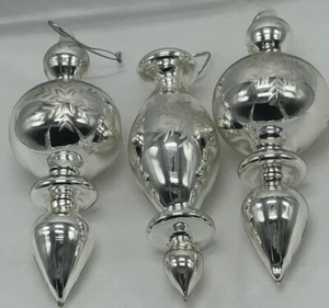 Vintage Set 3 Large Blown Glass Silver Finial Ornaments 6" - Picture 1 of 9