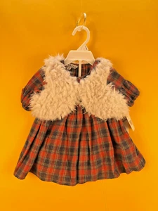 Pippa Julie 3 Piece Plaid Dress Set Baby Girls 0/3 or 3/6 Faux Fur Vest Red - Picture 1 of 11