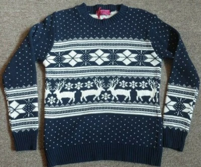 Boohoo Womens Christmas Jumper Pullover Sweater Size S/M Navy White Made in UK - Image 1 of 4