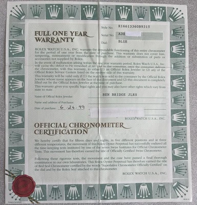 Rolex Submariner 16613 BLUE Guarantee Warranty Garanzia - Immagine 1 di 4