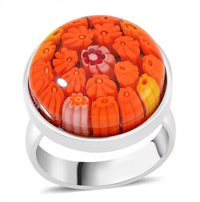 Orange Floral Glass Murano Style Size 6 Ring Lux Stainless Steel 316L Milifiore - Image 1 of 4