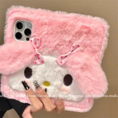 Funda tipo folio de teléfono de felpa Melody cubierta rosa con correa de mano para iPhone a prueba de golpes nueva Foto 1 de 4