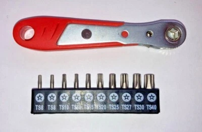 5 Point Star Tamper Proof Bit Set w/ mini ratchet wrench, 10 Piece, TS8 - TS40 - Image 1 of 3