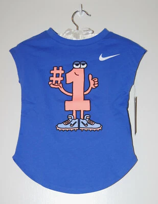NWT Nike Girls Racer Blue #1 Cartoon Graphic Logo Sleeveless T-Shirt sz 5 6 - Image 1 of 4