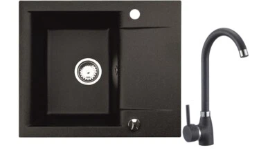 Granitspüle mit Armatur Küchenspüle schwarz spülbecken 59x44 Einbauspüle Zubehör - Bild 1 von 4