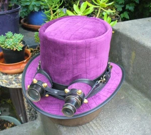 LEATHER & PURPLE FABRIC UPHOLSTERY EFFECT STEAMPUNK TOP HAT W. AVIATOR GOGGLES - Picture 1 of 4