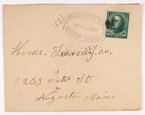 Manchester, NH. 30 de noviembre de 1897 División de Registro púrpura doble ovalado pmk. corbatas #273 - Imagen 1 de 2