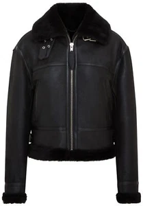 Chaqueta De Aviador Para Mujeres De Piel De Oveja Negra B3 - Imagen 1 de 6