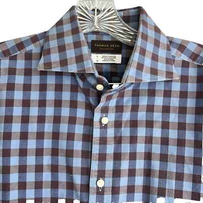 Thomas Dean TD Plaid Men's Long Sleeve Shirt Blue Brown Size L Large 100% Cotton - Image 1 of 4