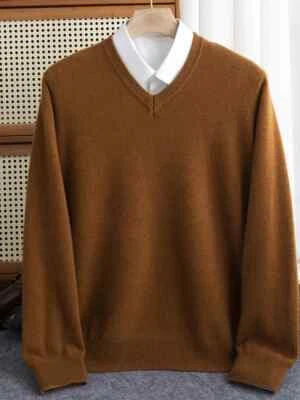 Hombres 100% Lana Merino Cuello en V Pullover Otoño Invierno Suéter Cachemira Cálido Sólido Foto 1 de 4