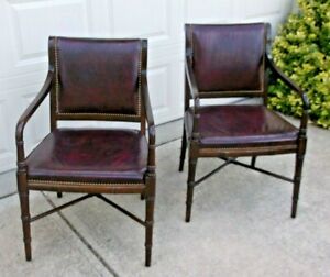 Pair Vintage Mahogany Burgundy Faux Bamboo Leather Arm Chairs 