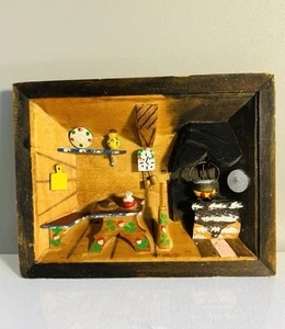 VINTAGE Wood Kitchen Diorama Painted Shadow Box Scene Wall Hanging East Germany - Picture 1 of 10