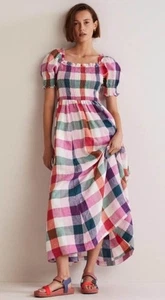 Boden Sky Smocked 100% Linen Midi Dress •4P Petite• Pockets Short Sleeve D0160 - Picture 1 of 14