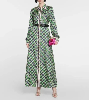 Maxi Vestido Gucci 'Belt Print' Cuadros Seda Verde - Nuevo con Etiquetas Foto 1 de 4