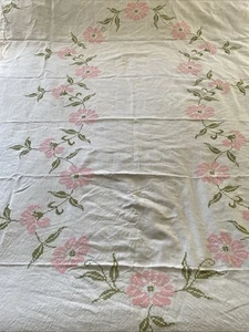 Vintage Finished Linen Tablecloth Pink Floral Cross Stitch Embroidery 96” X 66” - Picture 1 of 5