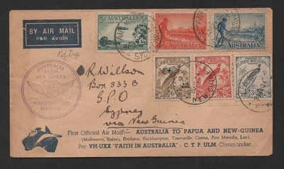 AUSTRALIA PAPÚA Y NUEVA GUINEA 1934 PRIMER CORREO AÉREO OFICIAL IDA Y VUELTA FRANCO mixto Foto 1 de 2