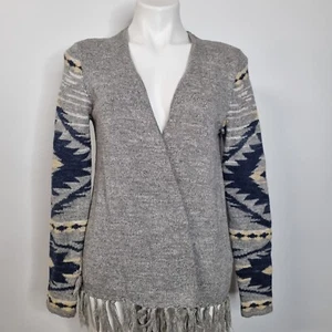 Chaps Ralph Lauren Grey Cardigan Open Sweater Tassels Boho Aztec Tribal Sz S - Picture 1 of 6