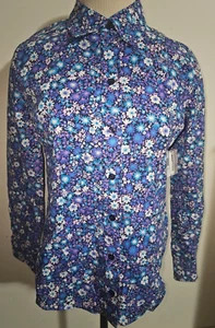 Women's Basic Editions Blue Floral Button Front Long Sleeve Shirt Size Small - Picture 1 of 3