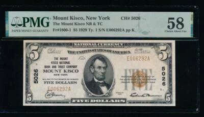 AC 1929 $5 Mount Kisco NB&TC of Mount Kisco, New York Ch# 5026 PMG 58. - Image 1 of 2