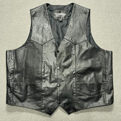 UNIK Leather Vest Mens 52 Black Snap Front Western Biker Motorcycle Pockets - Image 1 of 4