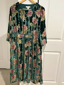 Coldwater Creek PL Green Floral Velvet Burnout Romantic Midi Dress Pockets - Picture 1 of 10