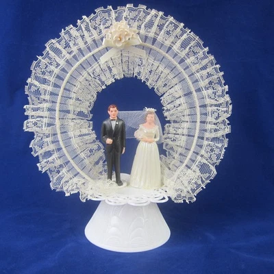 Vintage Wedding Cake Topper 9" Ivory Lace Bride Groom Brown Hair Brunette 1950s - Image 1 of 4
