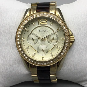 Fossil Uhr Damen 37 mm goldfarbene Kristalle Faux Schildpatt Band neue Batterie 6" - Bild 1 von 15