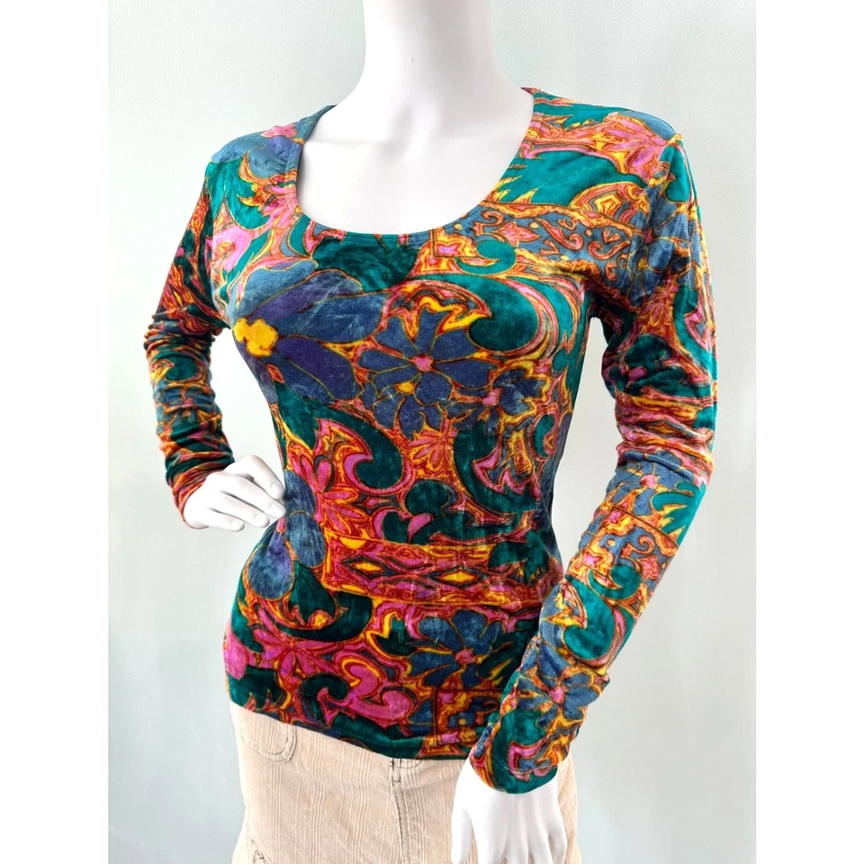 Camisa Top Vintage Años 90 Perspectiva Terciopelo Floral Capricho Manga Larga Talla L Foto 1 de 4
