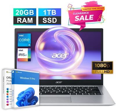 2025 Acer Aspire 5 14" Laptop Quad-Core Intel i5 20GB RAM 1TB SSD MS Office 2024 - Image 1 of 4