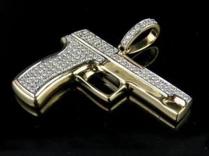 2.4Ct Moissanite Men's Hand Gun Pendant With Chain 14K Yellow Gold Plated - Picture 1 of 5