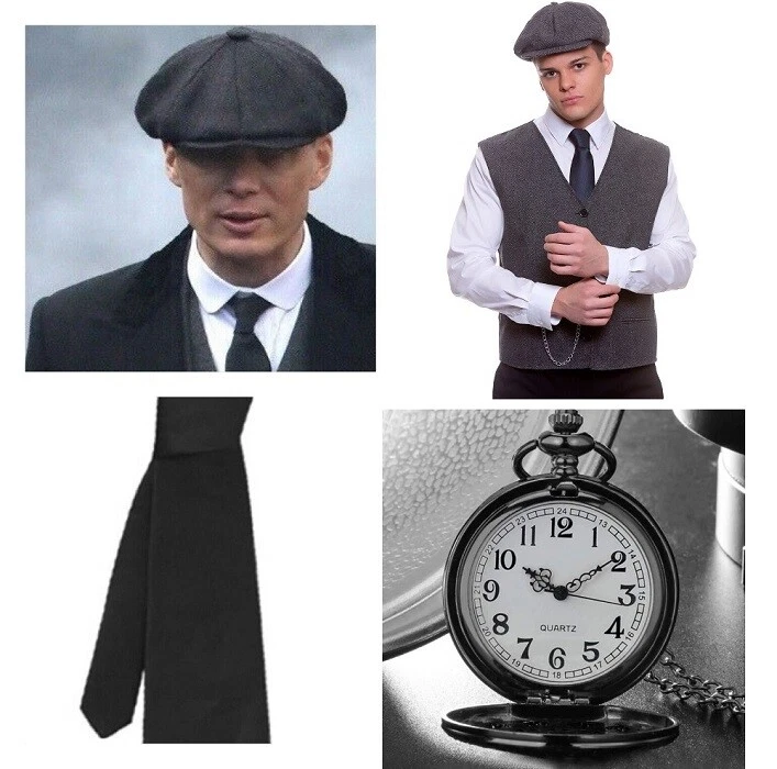 Juego de Peaky Blinders Gorra Plana Negra y Chaleco Años 1920 Selby Gangster Disfraz L/XL