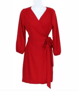 J Crew 4 NEW $148 Red Crepe Wrap Dress Longsleeve Knee Length Lined Bow Belt NWT - Picture 1 of 5