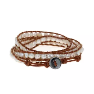Bracciale avvolgente di perle, perle originali, di ispirazione designer, in pelle fatto a mano, marrone - Foto 1 di 2