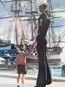 Original US Navy USS Constitution Old Ironsides Heritage Sailor With Son 14"x19" - Picture 1 of 6
