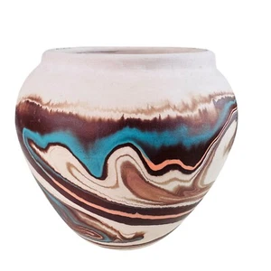 Nemadji Natural Swirl Vase USA Handmade Vintage Pottery Indian Head brown blue - Picture 1 of 7