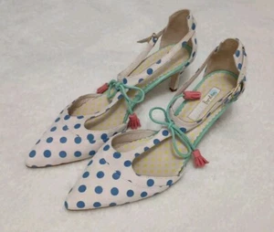 Boden Alice Pink Polka Dots Fringe Stiletto Heel T-Strap Pumps Size 8 38.5 Shoes - Picture 1 of 6