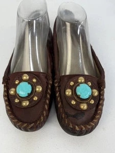 Miu Miu Prada Moccasin Flats Brown Gold Studded Turquoise Loafers Size US 8.5 - Picture 1 of 12