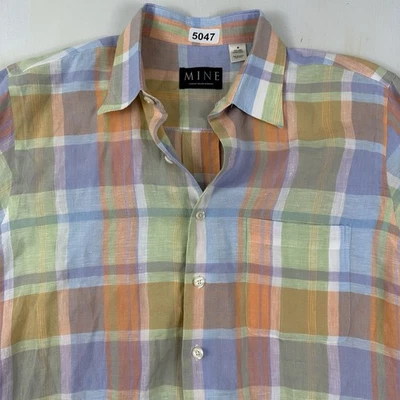 MINE 100% Linen Colorful Shirt Men Medium Plaid Hidden Button Up Collar Resort - Image 1 of 4
