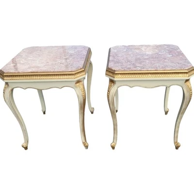 Par de mesas auxiliares italianas de mármol pintadas a mano madera frutal con detalles para sala de estar Foto 1 de 4