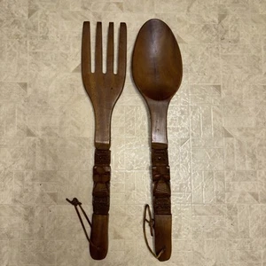 Vintage Giant Wooden Fork & Spoon Carved Tiki Totem Handle Mid Century 21” - Picture 1 of 3
