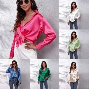 Women's Silk Tops Office Ladies Tops Blouse Button Lapel Shirts Satin - Picture 1 of 18